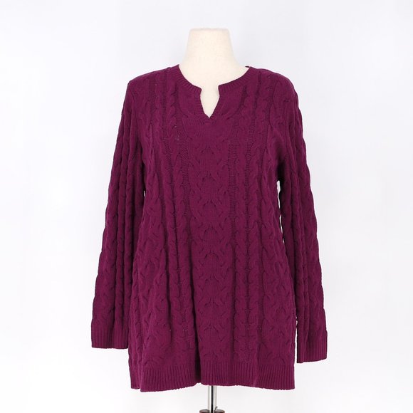 J.JILL Split-Neck Chenille Cable-Knit Tunic Sweater Plum Purple Size L - Picture 1 of 6